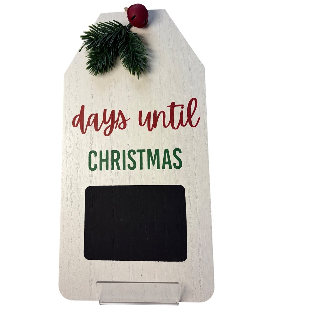 Christmas Countdown Chalkboard Sign White Wood Tag Jingle Bell Wall Decor 12in